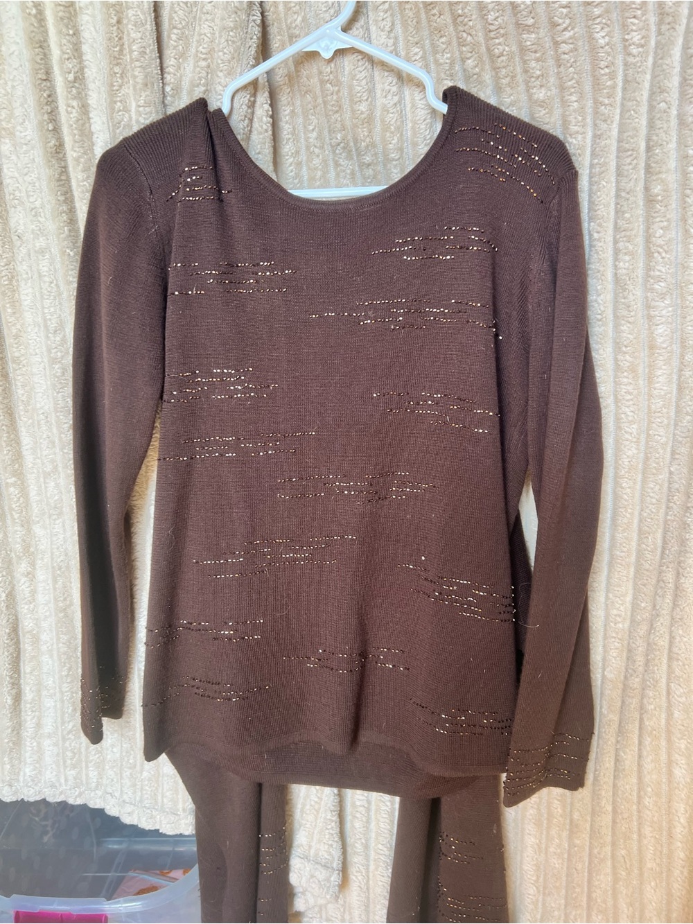 Radzoli Brown Crewneck Sweater with Metallic Thread with attached shawl !!